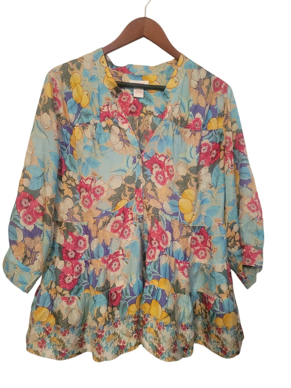 Sundance 100% Silk Floral Fruit Print Tiered Tunic Blouse Boho Cottagecore L